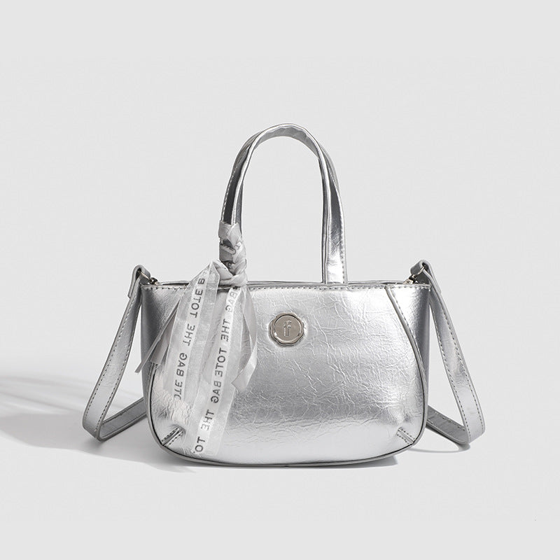 Metallic small tote bag, small handbag ladies, fashionable silver square bag, versatile shoulder Crossbody bag