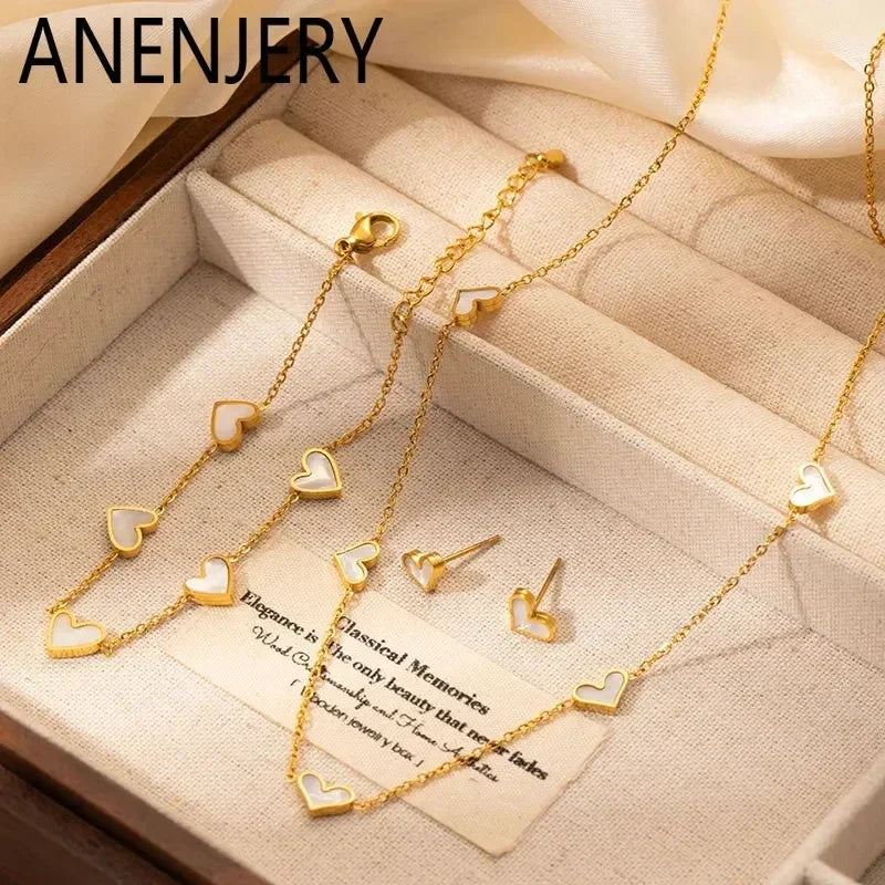 ANENJERY 316L Stainless Steel Heart Shell Necklace Bracelet Earrings For Women Girls Simple Fashion Jewelry Set Gifts Wholesale