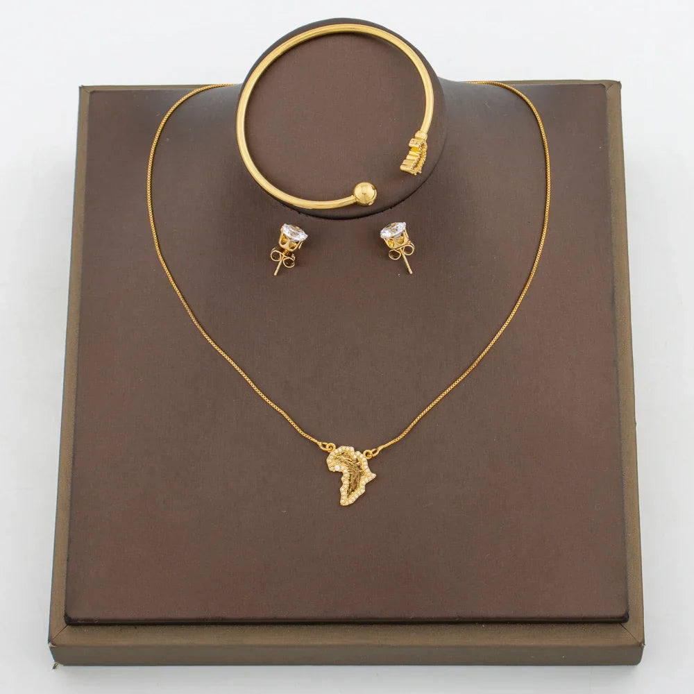Gold Color Earrings and Necklace Jewelry Set for Party Luxury Zircon Stud Earrings Pendant Necklace Bangle Bride Jewelry Set